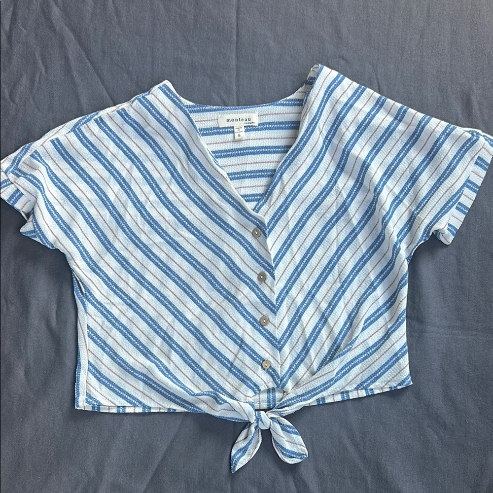 Monteau Blue and White Crop Tie Front Blouse